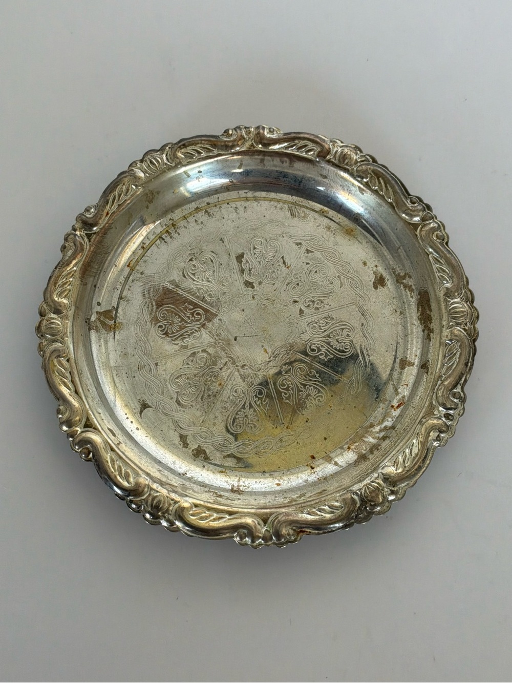 Vintage Silverplate Ornate Round Trinket Dish Small Decorative Tray